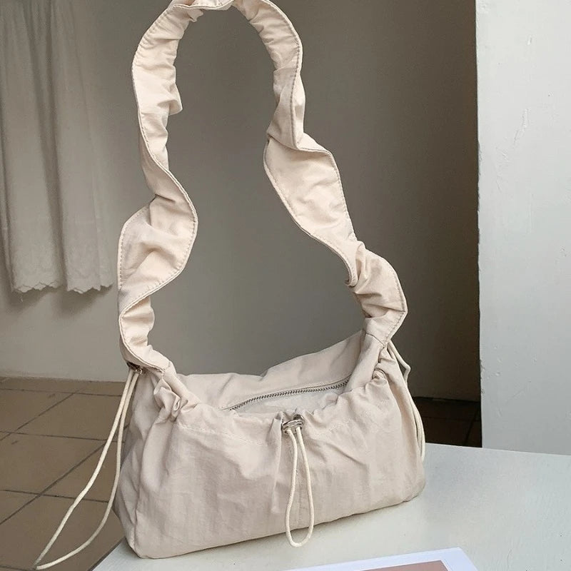 Qfdian Japanese Fashion Casual Women's Handbags Y2k Aesthetic All Match Nylon Simple Shoulder Bags Vintage Solid Pleated Underarm Bag
