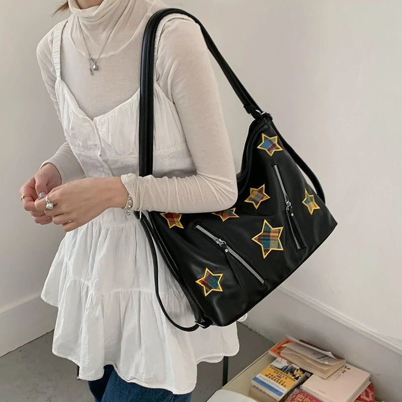 Qfdian Fashion Preppy Backpacks Casual Plaid Star Embroidery Crossbody Bags All Match Women Y2k Aesthetic Shoulder Handbags Streetwear