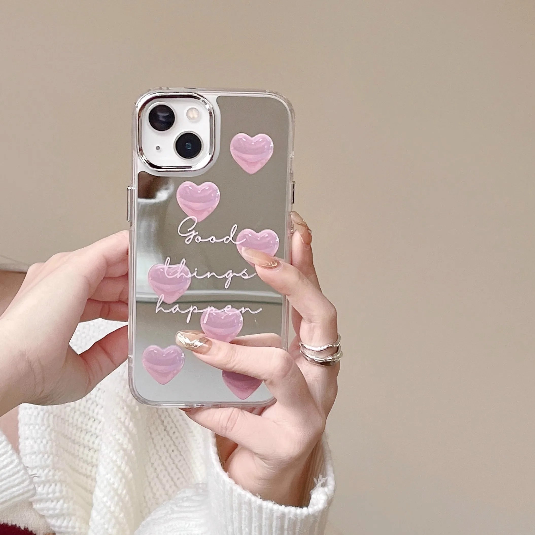 Qfdian Pink Heart Silver Plated Mirror Case For iPhone 11 12 13 Pro Max 14 15 Pro Max Silicone Drop Protection Case