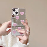 Qfdian Pink Heart Silver Plated Mirror Case For iPhone 11 12 13 Pro Max 14 15 Pro Max Silicone Drop Protection Case