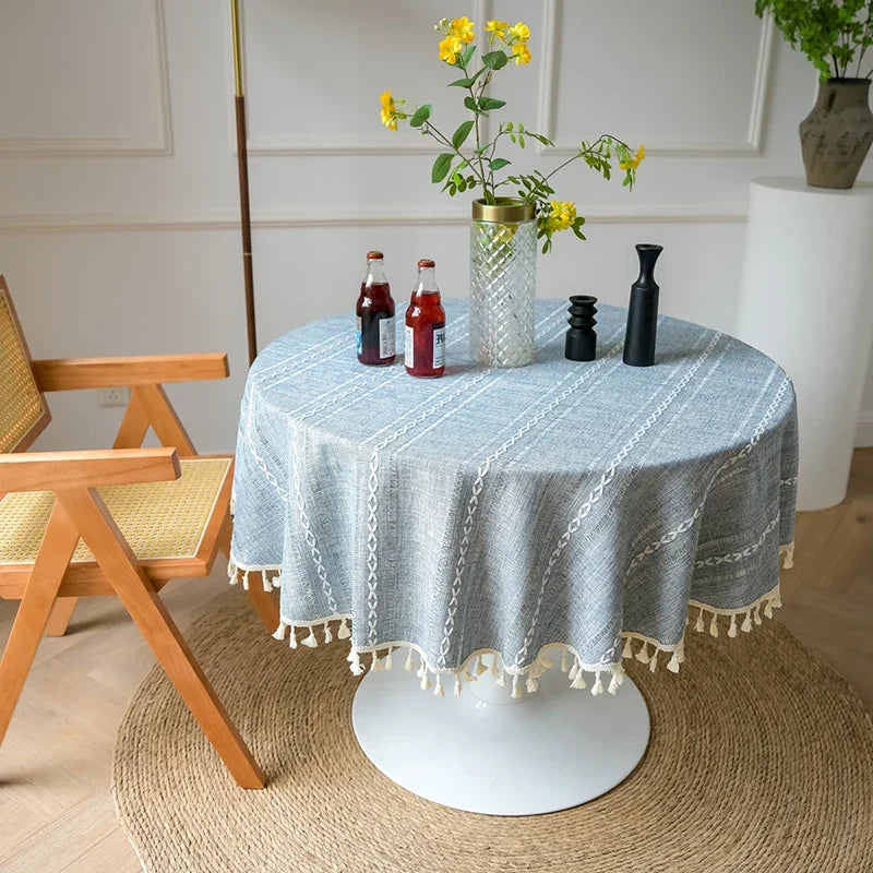 Qfdian Green Round Tablecloth Striped Embroidered Table Cover Farmhouse Tassel Table Cloth for Table Kitchen Dining Room Tabletop Decor