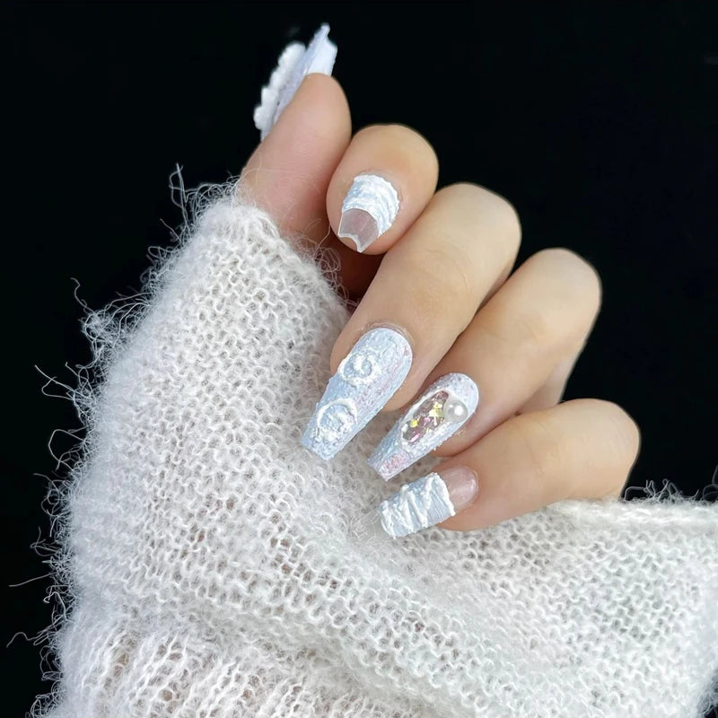 Qfdian Oil Painting Handmade Press on Nails Magic Mirror Designs Fake Nails Blue Long Coffin Tips for Girl False Nails Fingernail Set