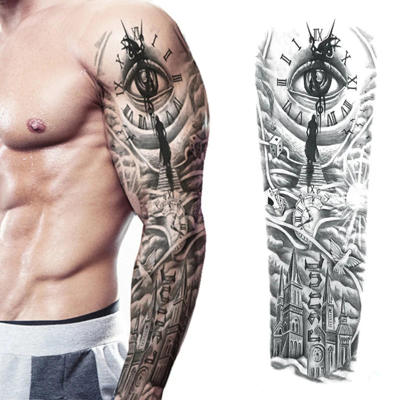 Qfdian Waterproof Full Arm Temporary Tattoo Sticker Tiger Lion Wolf Eye For Man Women Body Art Sleeve Flash Fake Shoulder Tatoo