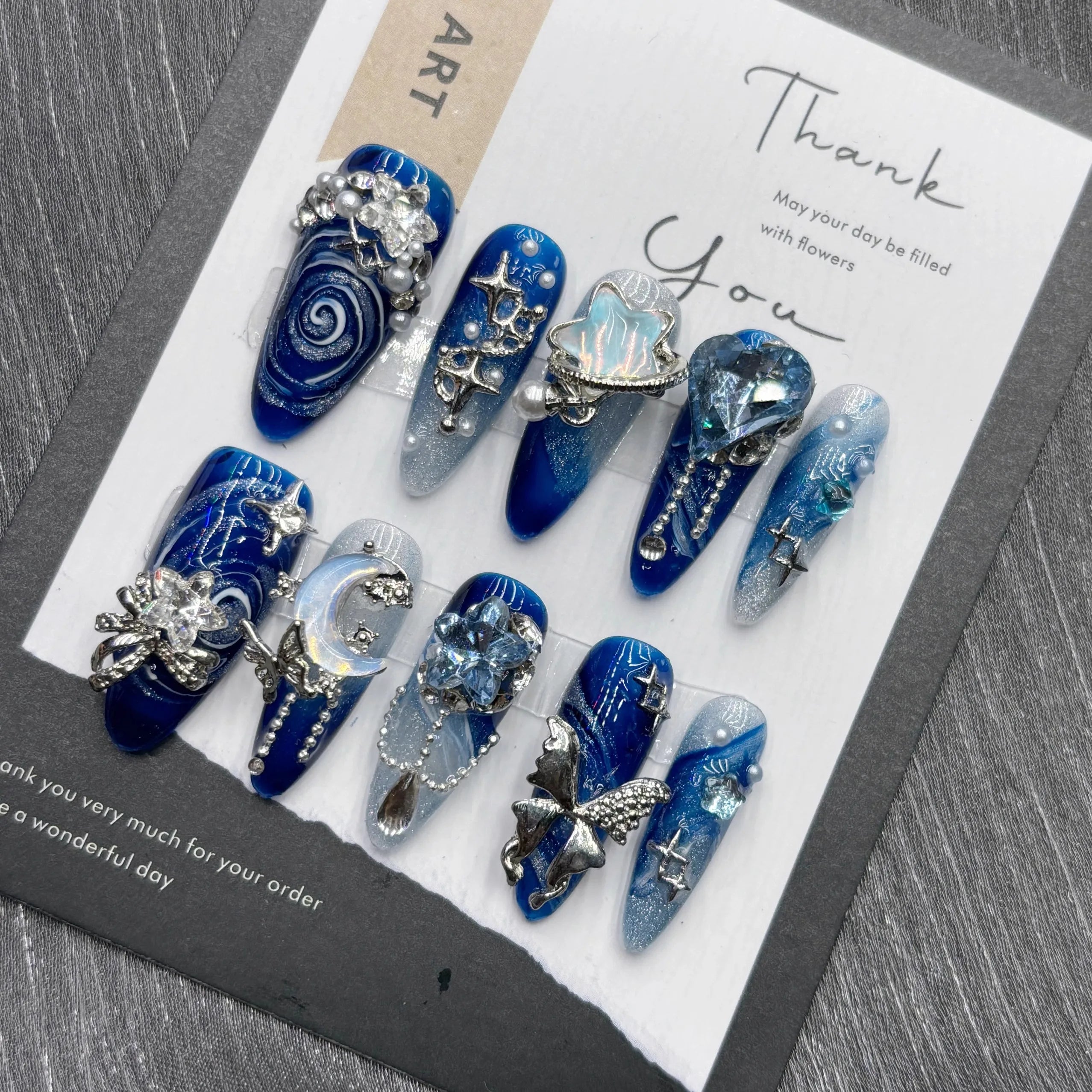 Qfdian 10Pcs High Quality Handmade Press on Nails Simple And Elegant  Royal Blue Depth Gentle And Graceful  Stick-on Nail Art Retro
