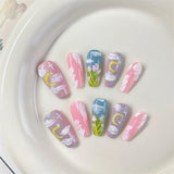 Qfdian Oil Painting Handmade Press on Nails Design Cute Fake Nails Design Butterfly Moon Stars Wearable Adhesive Women False Nail Tips