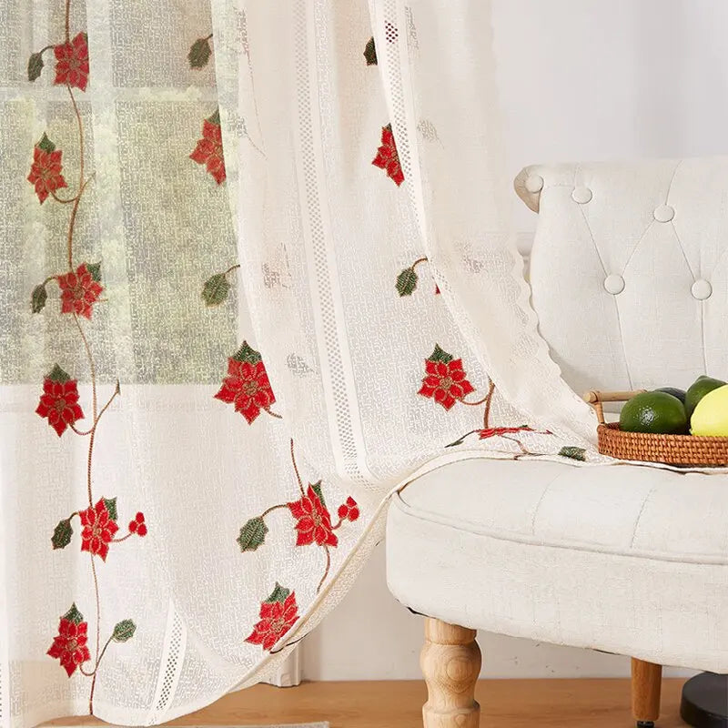 Qfdian 78 Inch Christmas Sheer Curtains for Living Room Bedroom Lace Beige Bells Embroidery Home Decorations Rod Pocket Window Curtains