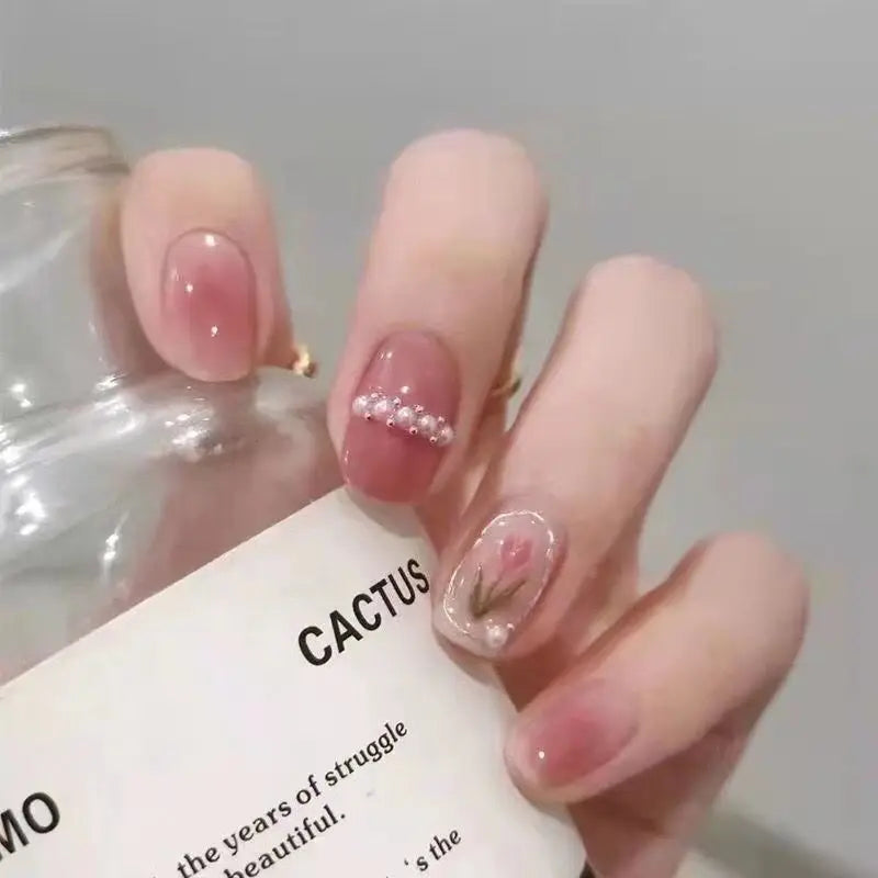 Qfdian 10Pcs Handmade Tulip Press On Nails Pink Blush Designed Fake Nails Short Ballerina False Nails with Pearl Full Cover Finger Tips