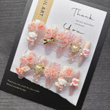 Qfdian Sweet Princess Romantic Press on Nail Light Pink Glitter with Butterfly Bear Charm Cute Fake Nails for Date Night Snug No Damage