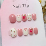 Qfdian 10pcs Handmade Press on Nails Round Head Fake Nails Cute Strawberry False Nails Kawaii Short Full Cover Finger Tips Manicure Art