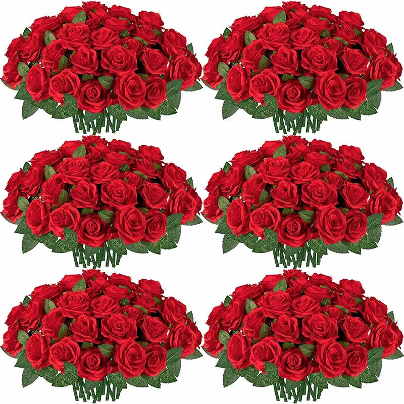 Qfdian 100PCS White Roses Artificial Flowers Bulk Fake Velvet Roses with Bendable Long Stems for Wedding Home Arrangement Event Parties