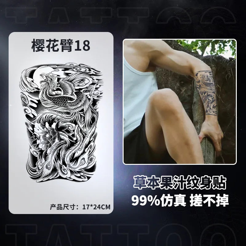 Qfdian Japanese Traditional Half Arm Herbal Juice Temporary Tattoo Stickers Sakura Leaf Lasting Art Fake Tattoo Men Women Faux Tatouage