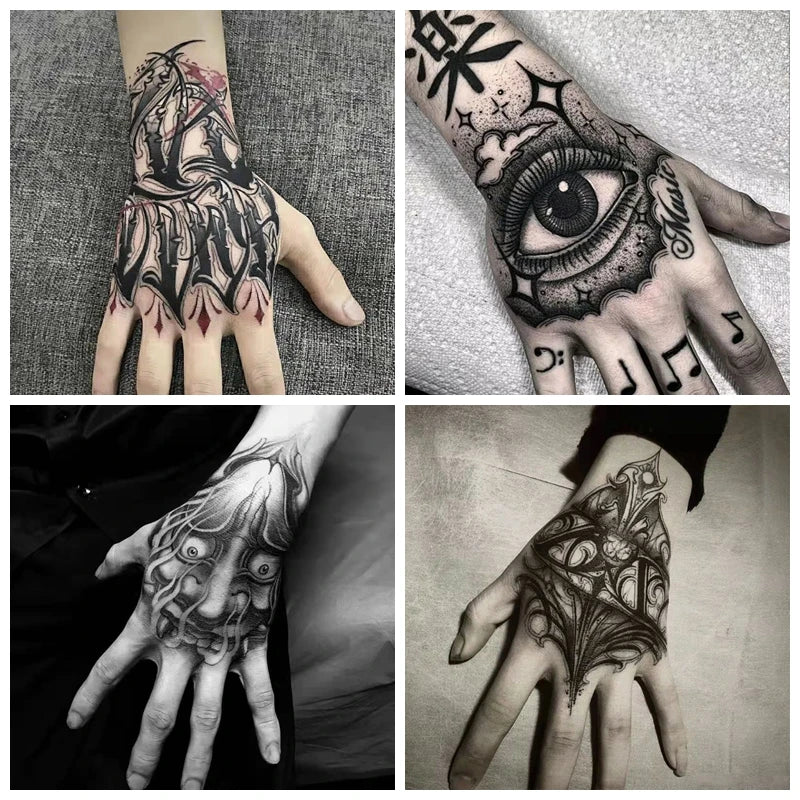 Qfdian 4pc/Lot Dark Back Hand Waterproof Temporary Fake Tattoo Male Prajna Cool Eye Art Personality Neck Half Arm Star Tattoo Stickers