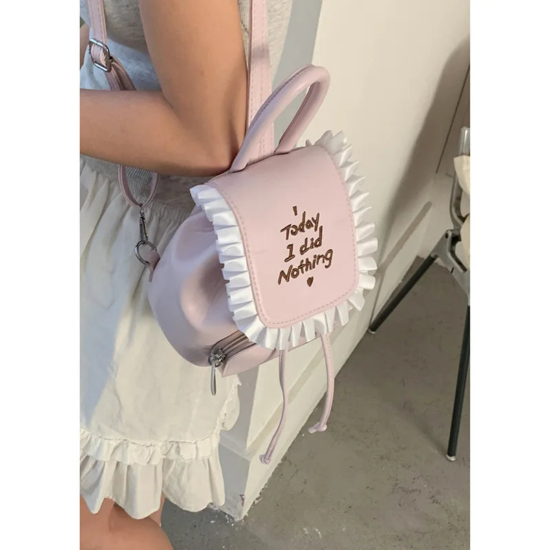 Qfdian Sweet Y2k Aesthetic Girls Letter Embroidery Preppy Schoolbags Women Students All Match Ins Fashion Ruffled Chic Mini Backpacks