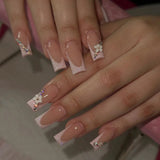 Qfdian 24Pcs Long Ballet False Nails with Bow Designs Pink Coffin Press on Nails Wearable French Fake Nail Full Cover Manicure Tips