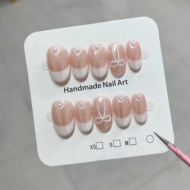 Qfdian 10Pcs Handmade Short Oval Press on Nails French White Pink Bow Pearls Cute False Nails Reusable Wearable Nail For Girls Women
