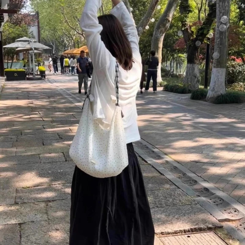 Qfdian Korean Chic Dot Girls Canvas Bags 2025 New Casual Kawaii Sweet Women's Handbags All Match Chic Fashion Ins Shoulder Underarm Bag
