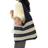Qfdian Ladies' woven bag, niche design, striped knitted bag, simple hollow out hand-held shoulder bag, sports handbag