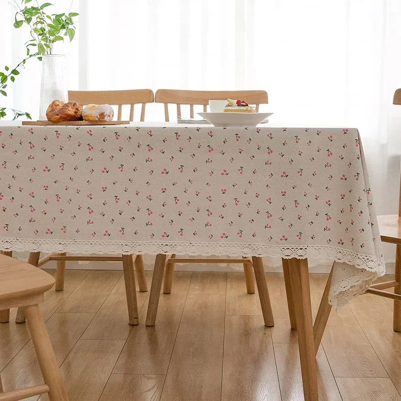 Qfdian Retro Small Flowers Rectangle Tablecloths Tassel Polyester Cotton Printed Table Covers for Living Room Kitchen Dining Decoration