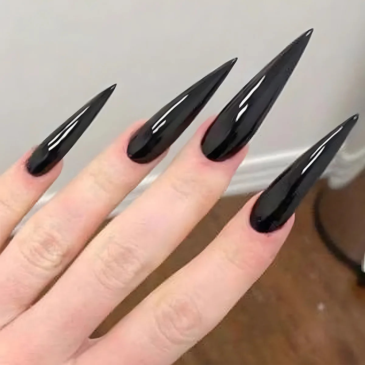 Qfdian 24Pcs Black Y2k Fake Nails with Diamond Halloween Long Almond False Nail Butterfly Design Wearable Oval Press on Nails Tips