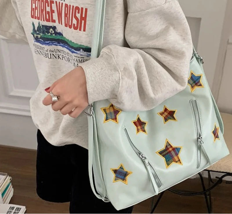 Qfdian Fashion Preppy Backpacks Casual Plaid Star Embroidery Crossbody Bags All Match Women Y2k Aesthetic Shoulder Handbags Streetwear