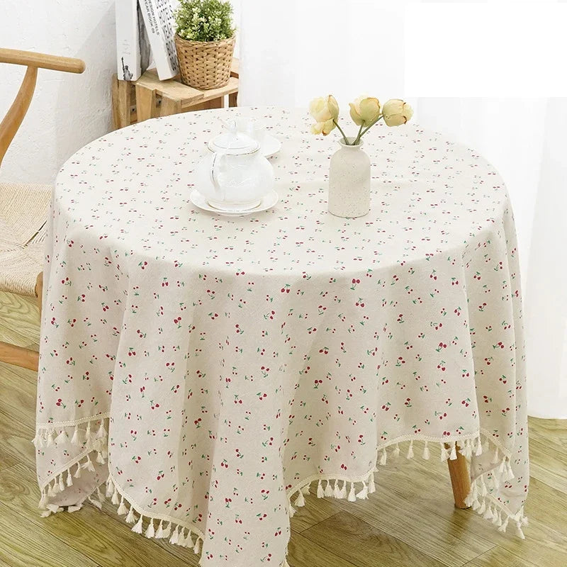 Qfdian Green Round Tablecloth Striped Embroidered Table Cover Farmhouse Tassel Table Cloth for Table Kitchen Dining Room Tabletop Decor