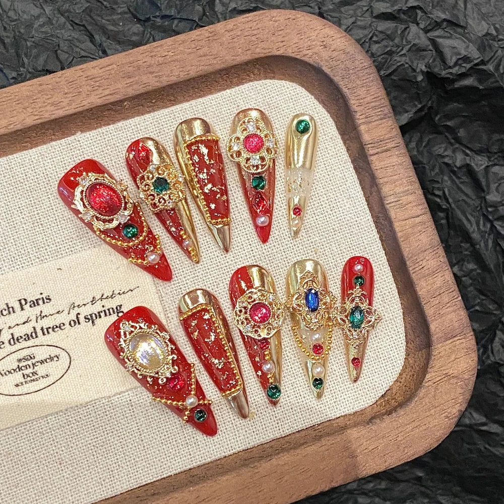 Qfdian 10Pcs High Quality Handmade Press on Nails Qingwu Yuanshan Green Spring/Summer Explosive Luxury Heavy Industry Niche Style Hot