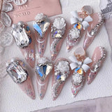 Qfdian 10Pcs High Quality Handmade Press on Nails Rhinestone Full Setting Pearl Beading Stick-on Nail Art Sweet And Cool Girl Style