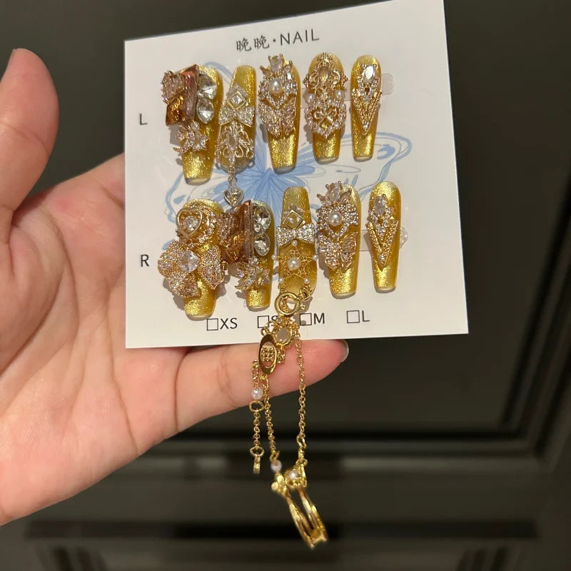 Qfdian 10Pcs High Quality Handmade Press on Nails Rhinestone Color-Block Inlay Internet Celebrity Nail Art Sweet And Cool Girl Style