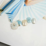 Qfdian 10pcs Handmade Blue Press On Nails Short Cute Fake Nails Reusable Adhesive False Nails Woman Salon Wearable Finger Decoration