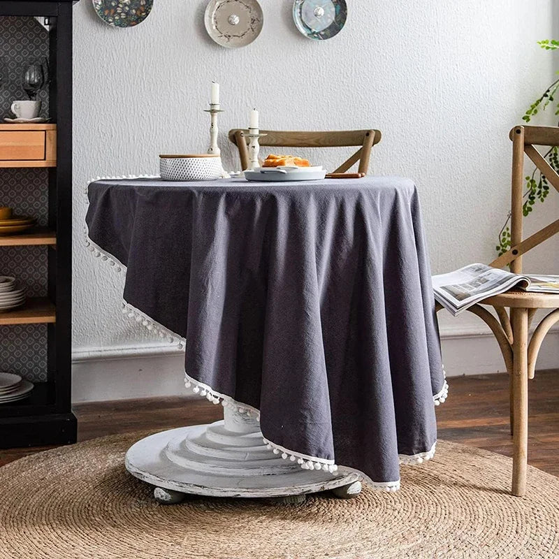 Qfdian Solid Round Tablecloths with Pom Poms Cotton Tablecloth Table Covers for Kitchen Dining Restaurant Wedding Party Home Decoration