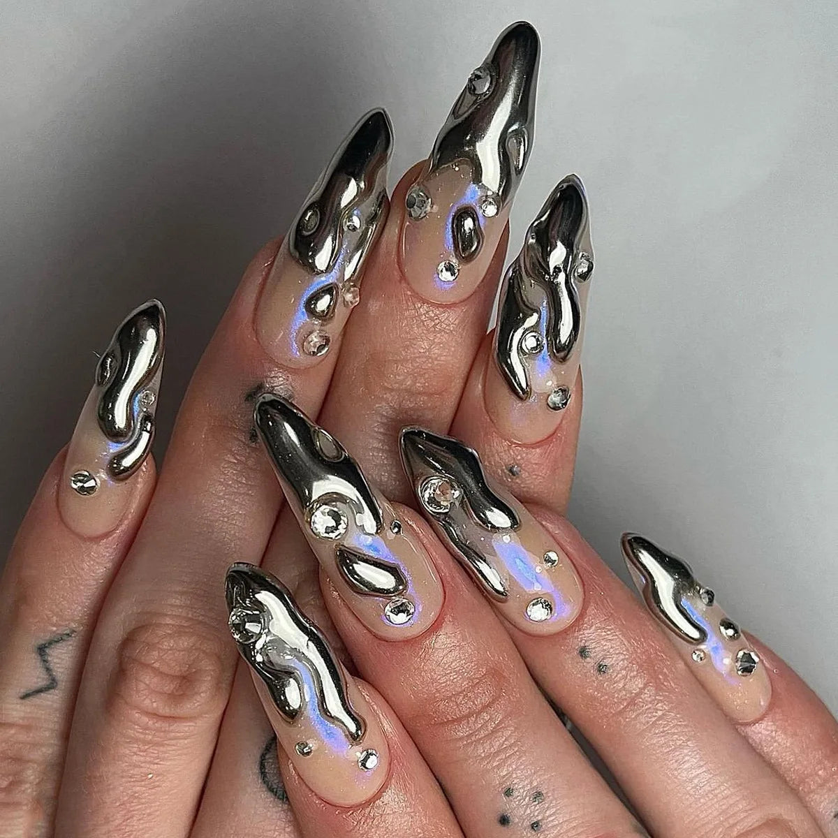 Qfdian 24Pcs Black Y2k Fake Nails with Diamond Halloween Long Almond False Nail Butterfly Design Wearable Oval Press on Nails Tips