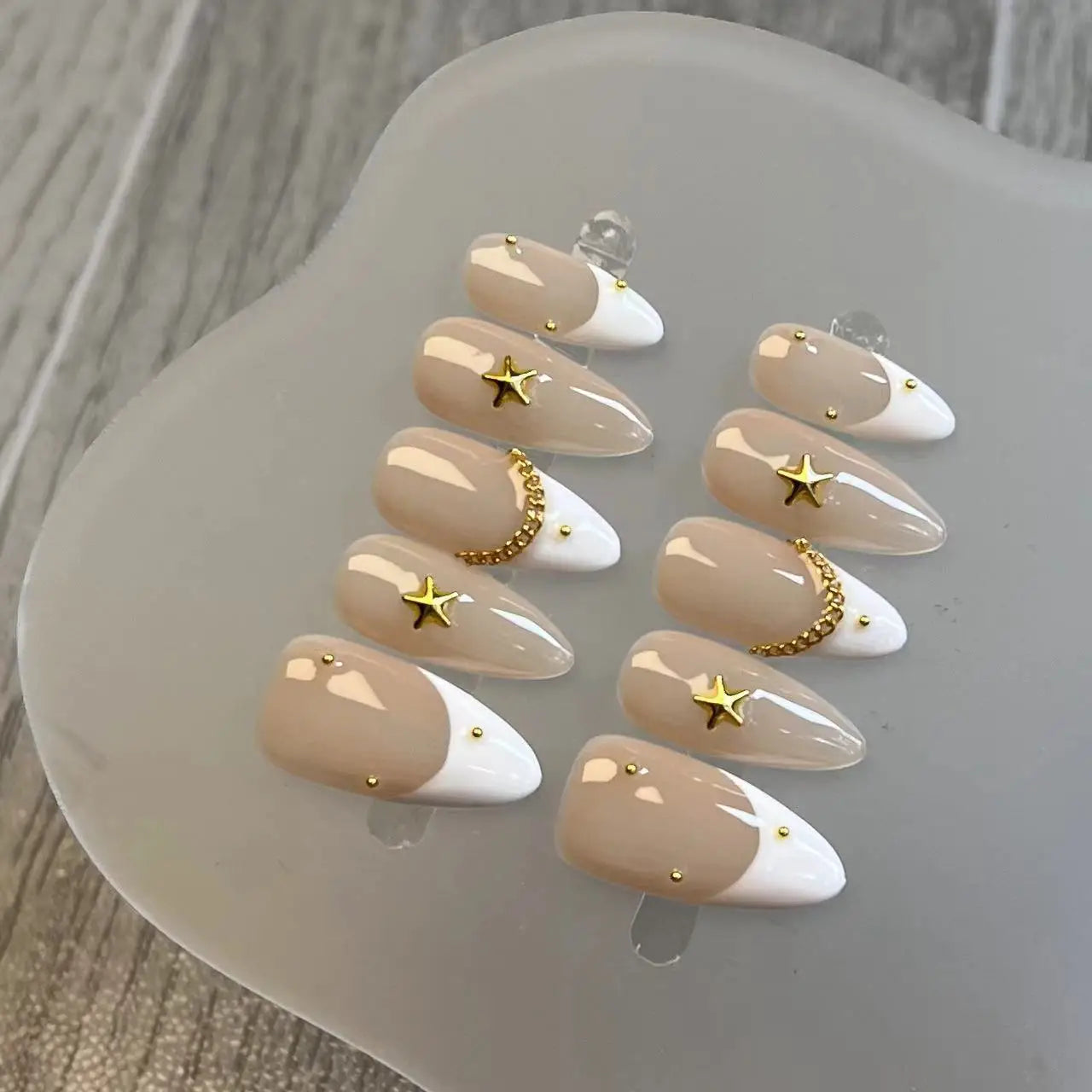 Qfdian Handmade Almond Press On Nail Reusable French Fake Nails Rhinestone Full Cover Artificial Manicuree Wearable Nail Tips Art