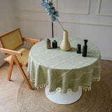 Qfdian Green Round Tablecloth Striped Embroidered Table Cover Farmhouse Tassel Table Cloth for Table Kitchen Dining Room Tabletop Decor