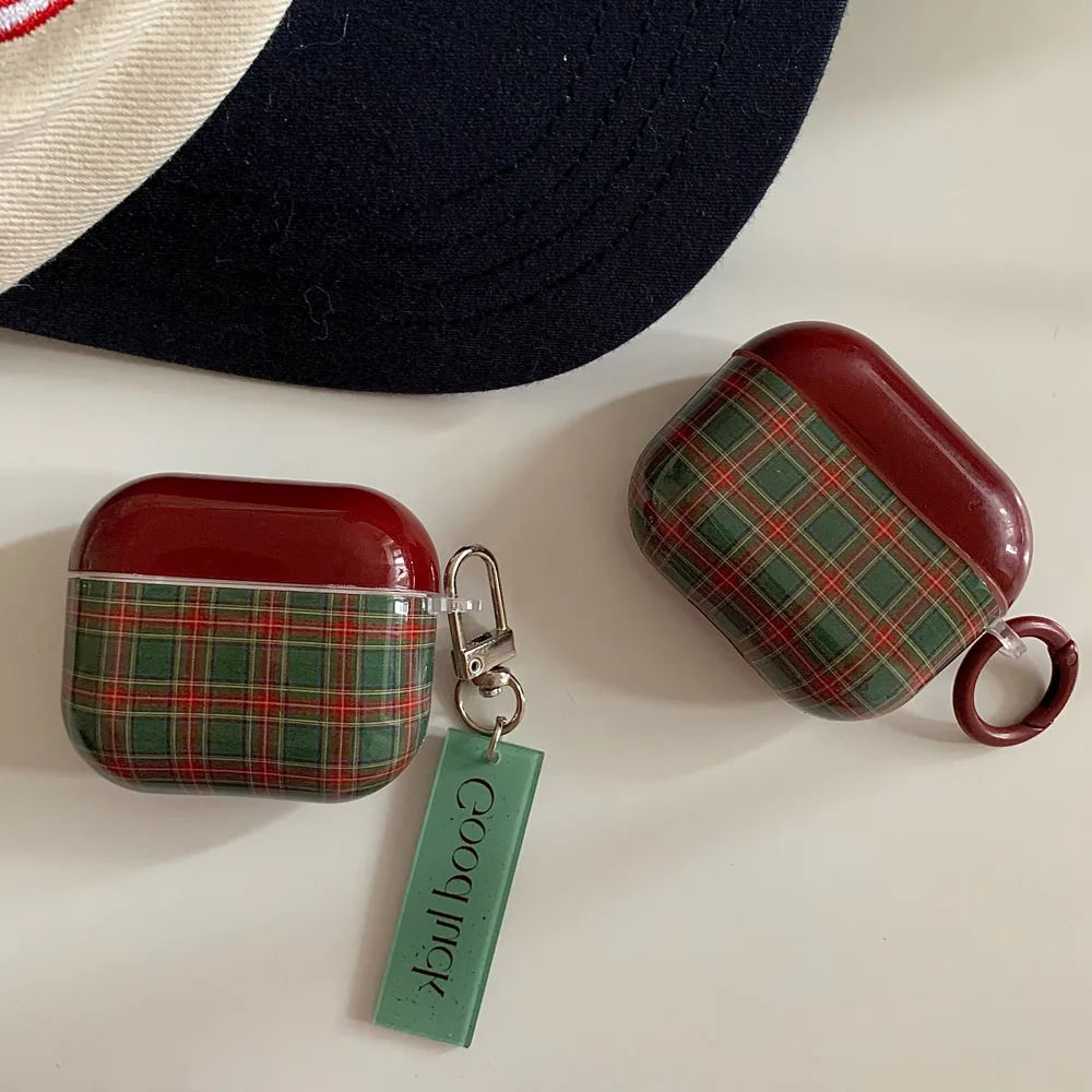 Qfdian Retro Style Grid Pattern Gloss Soft Cover Case for AirPods 4/3/2/1 Pro 2 Wireless Bluetooth Earphone Shell Good Lucky Pendant