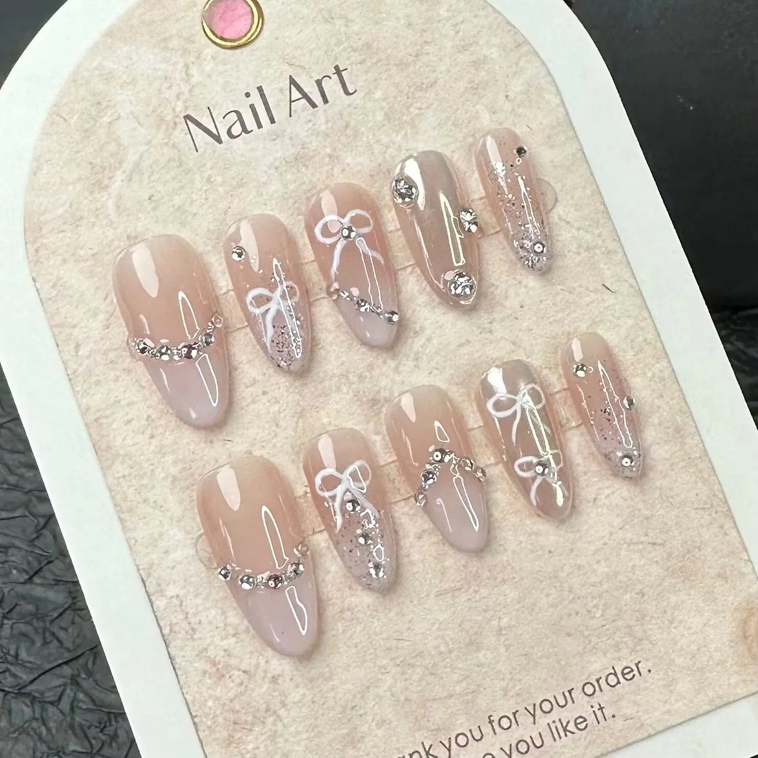 10Pcs Pink Handmade Press on Nails Full Cover Bow Tie Rhinestone Design French Fake Nails Wearable Manicure Nail Tips Art