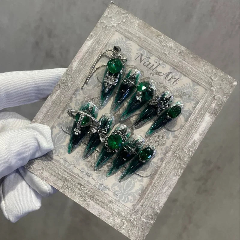 Qfdian 10Pcs High Quality Handmade Press on Nails Heavy Industry Diamond Decoration Luxury Dark and niche style Spicy Girl Nail Diamond