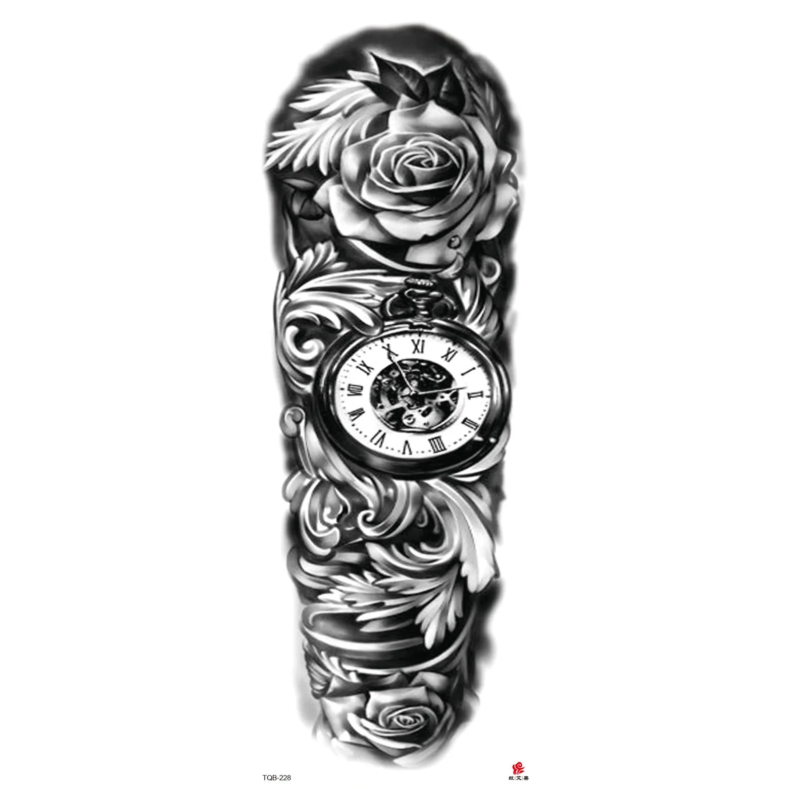 Qfdian Full Arm Tattoo Waterproof Temporary StickerCool Skull Fish Dragon Lion Clock Men Women Art Fake Sticker Glitter Style