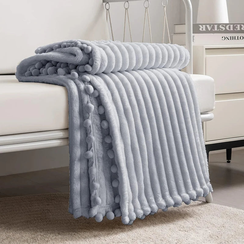 Qfdian Fleece Throw Blanket Couch with Pom Pom Fringe Soft Cozy Fuzzy Flannel Blankets for Sofa Bed Large Lightweight Plush All Seasons