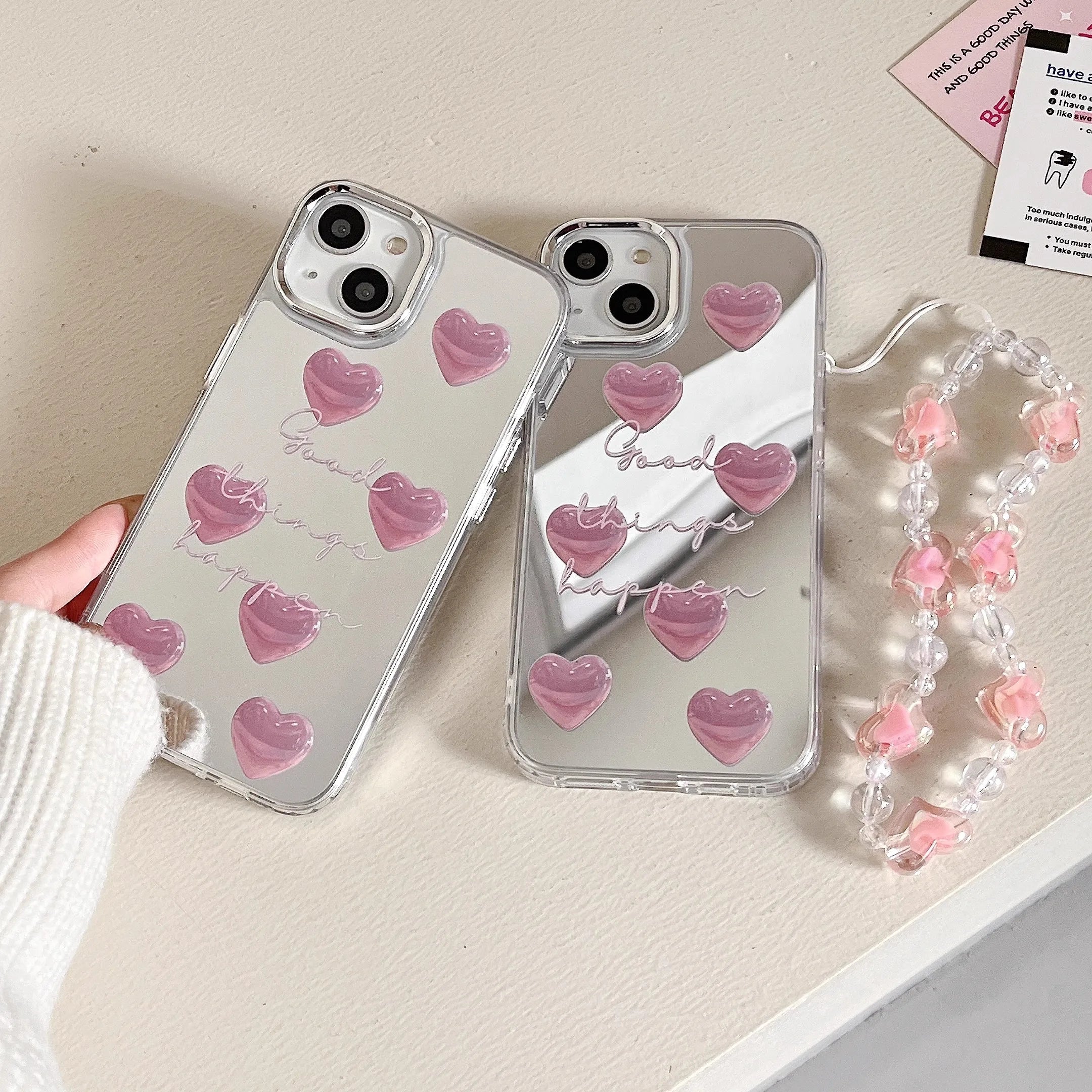 Qfdian Pink Heart Silver Plated Mirror Case For iPhone 11 12 13 Pro Max 14 15 Pro Max Silicone Drop Protection Case