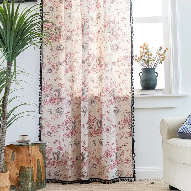 Qfdian Floral Farmhouse Curtains Semi-Blackout Living Room Drapes Cotton Linen Bohemian Window Curtain 1 Panels Tassel Beige Rod Pocket