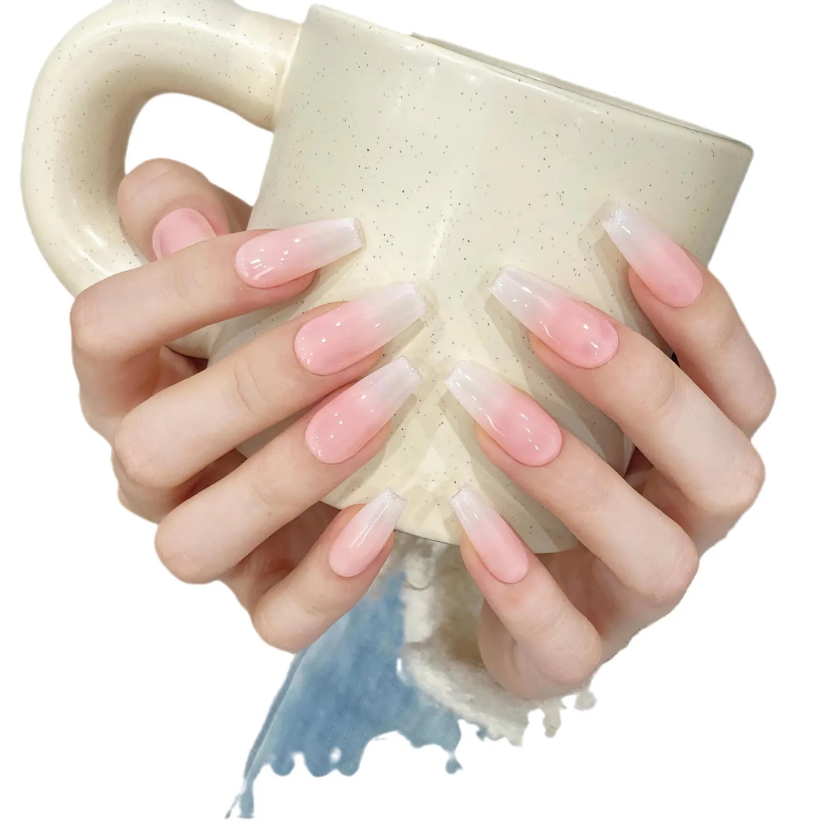 Qfdian 10pcsReusable False Nails Handmade Wearable Presses on Nails Tips Cream Pink Nude Gradient Removable Women Fake Nails