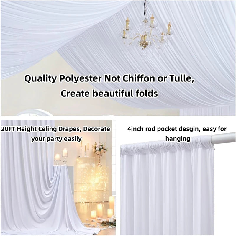 Qfdian 1Panel White Backdrop Ceiling Drapes Wrinkle Free Tent Rod Pocket Curtains Fabric for Wedding Ceremony Birthday Party Decoration