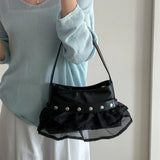 Qfdian Women Sweet Pleated Gauze Patchwork Rivet Handbags Fashion Fairy Y2k Aesthetic Shoulder Bags Office Lady All Match Underarm Bag