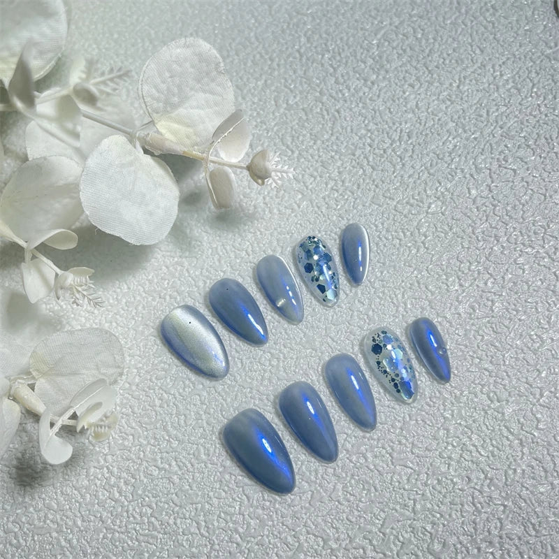 Qfdian 10Pcs Silk Cat Eye Handmade Press on Nails New-type Almond Fake Nails Ice-cold Manicure Artistic Full Cover Finger Tips Reusable