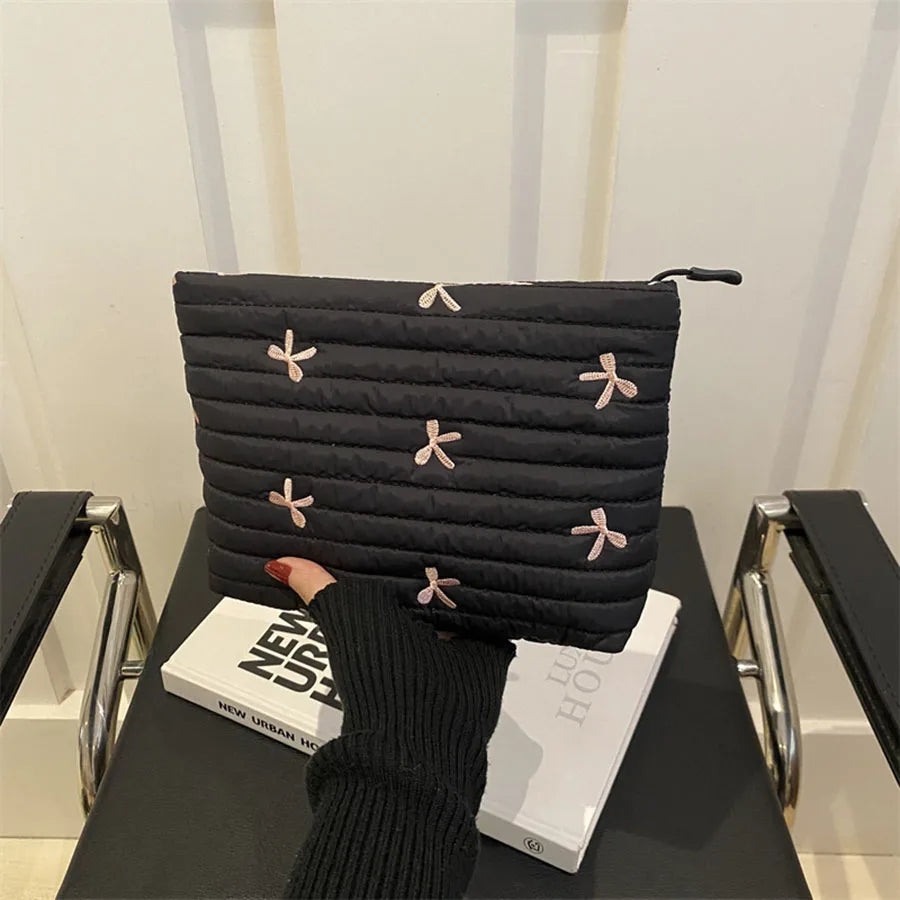 Qfdian Cute Makeup Bag with Zipper Large Capacity Cosmetic Bag Embroidery Bow Wash Storage Bag