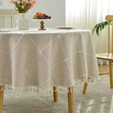 Qfdian Round Tassel Plaid Tablecloths Heavy Weight Cotton Linen Fabric Dust-Proof Table Cover Kitchen Dining Party Tabletop Decorations