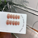 Qfdian 10Pcs Short Oval Pure Handmade Gradient Brown Press On Nails Cat Eyes Wearable False Nails Full Cover Nail Tips Art for Lady