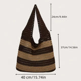 Qfdian Ladies' woven bag, niche design, striped knitted bag, simple hollow out hand-held shoulder bag, sports handbag