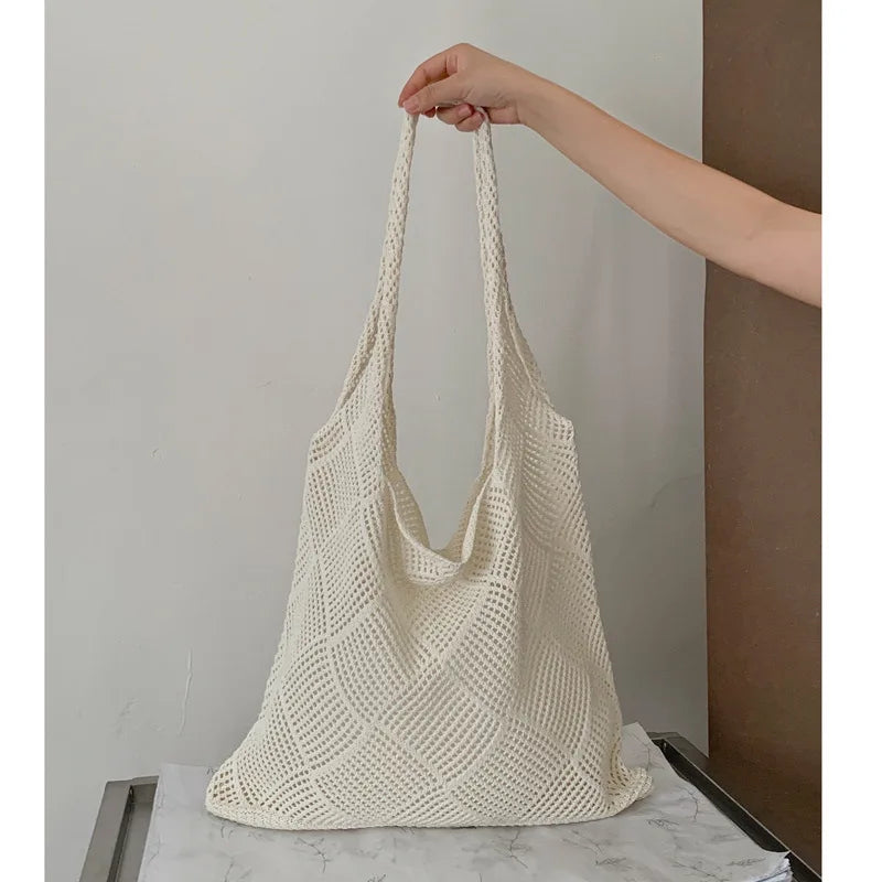 Qfdian Women Handbag Summer Hollow-out Bead Tote Bag Bucket Shoulder Bag Female Reticulate Netted Canvas Beach Handbag