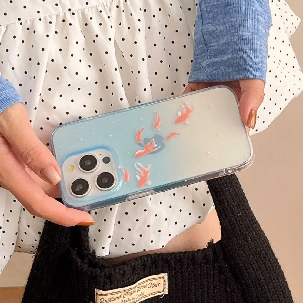 Qfdian Clear Blue Gradient Koi Fish Gloss Mobile Phone Protective Case For iPhone 12 13 14 15 Pro Max Coque For iPhone 16 Pro Max Cover